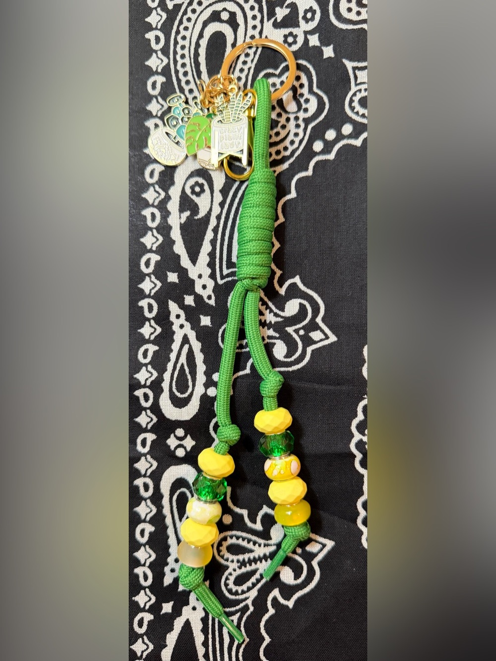 Green and Yellow Beaded Kids Keychain Charm